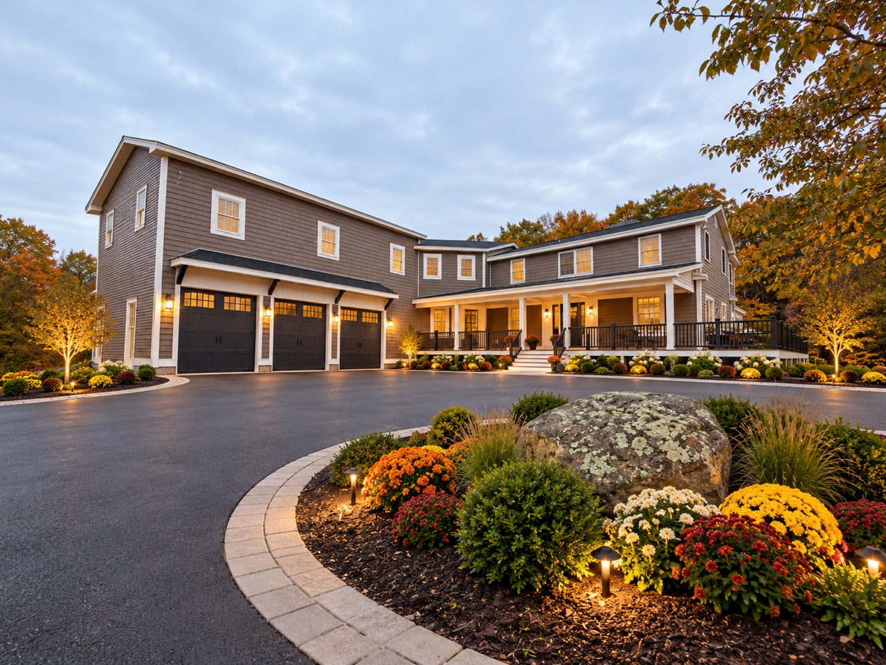 The estate at dusk with finished landscaping