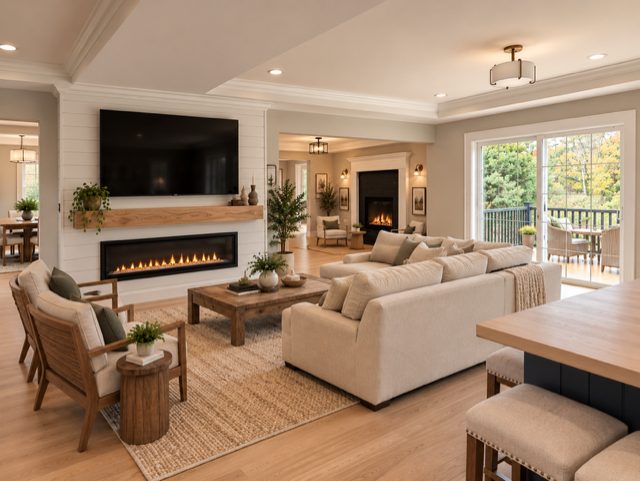 Living room with linear fireplace